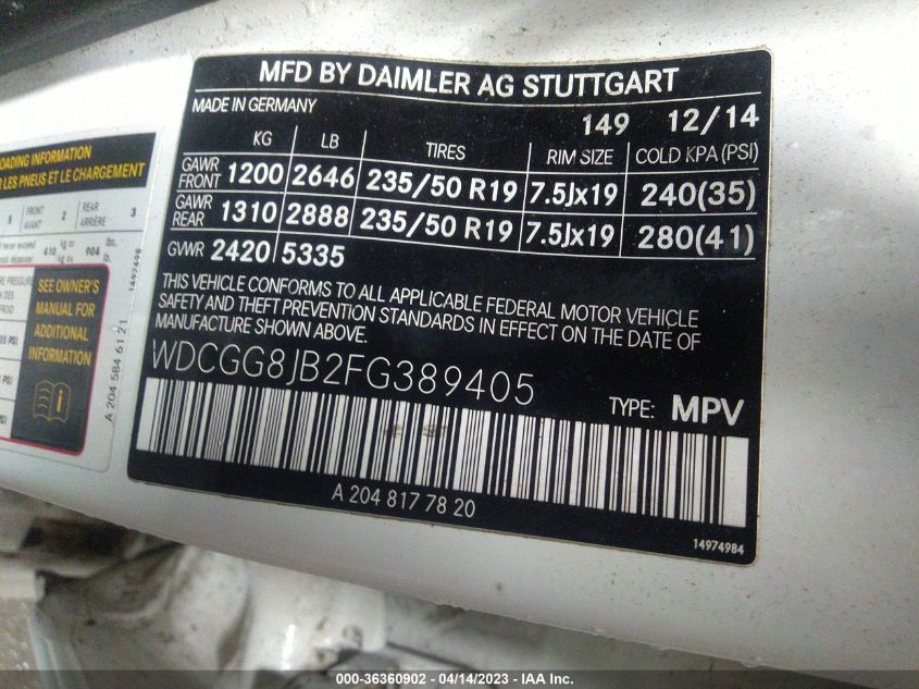 2015 MERCEDES-BENZ GLK-CLASS GLK 350 - WDCGG8JB2FG389405