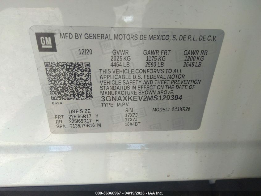 2021 CHEVROLET EQUINOX LT - 3GNAXKEV2MS129394