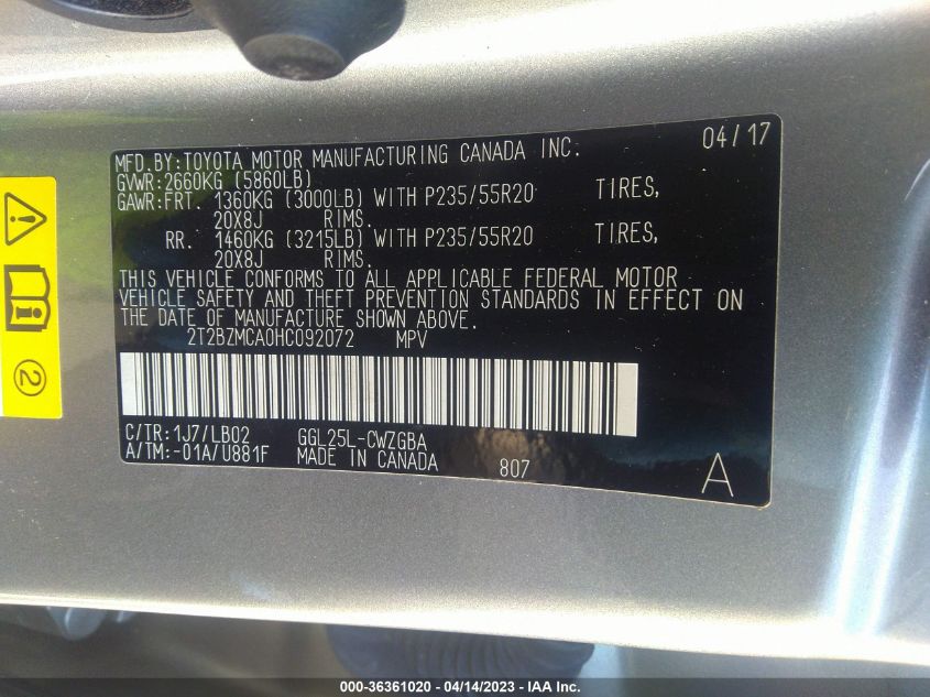 2017 LEXUS RX RX 350 - 2T2BZMCA0HC092072