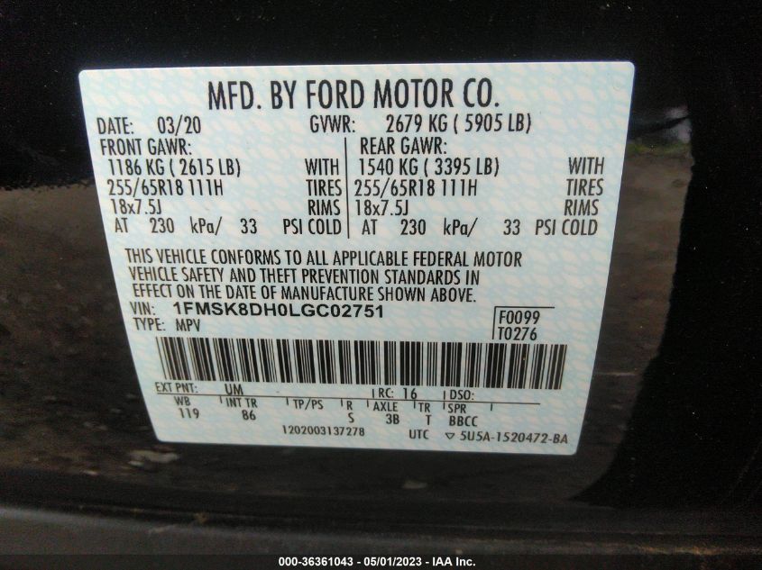 2020 FORD EXPLORER XLT - 1FMSK8DH0LGC02751