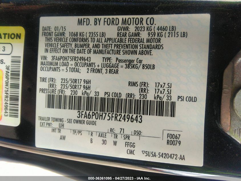 2015 FORD FUSION SE - 3FA6P0H75FR249643