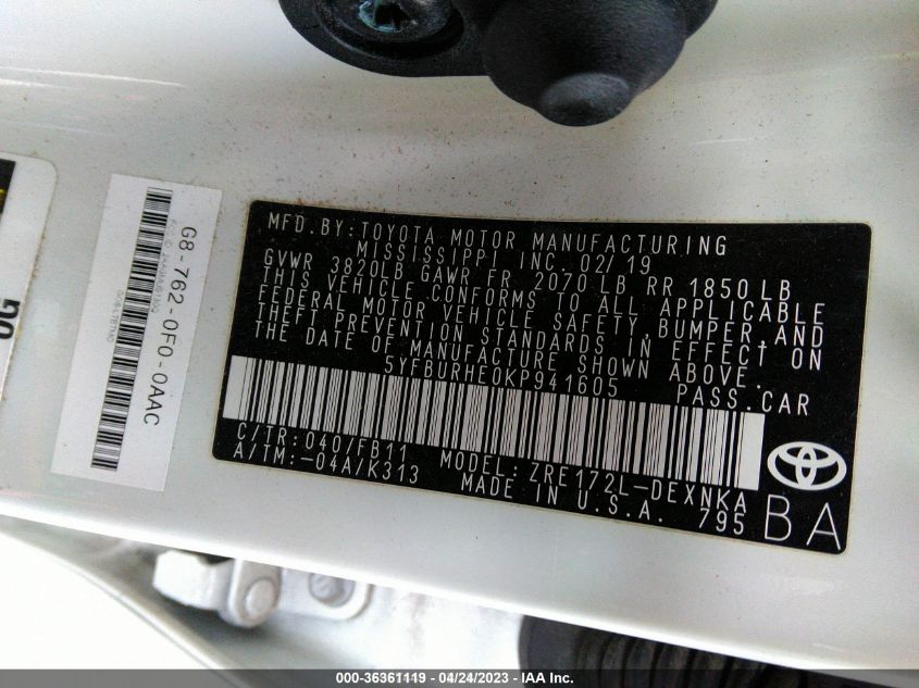2019 TOYOTA COROLLA L/LE/SE/XLE/XSE - 5YFBURHE0KP941605