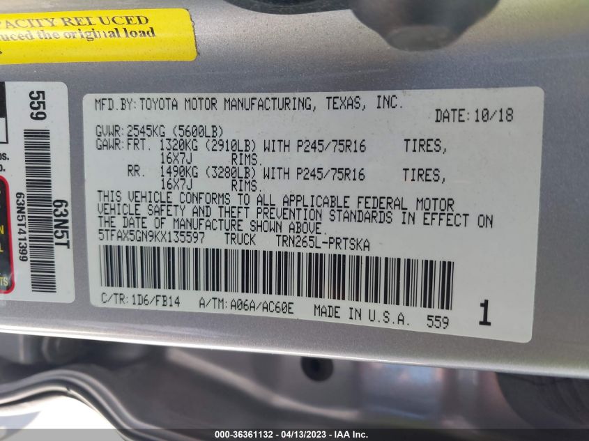 2019 TOYOTA TACOMA 2WD SR/SR5 - 5TFAX5GN9KX135597