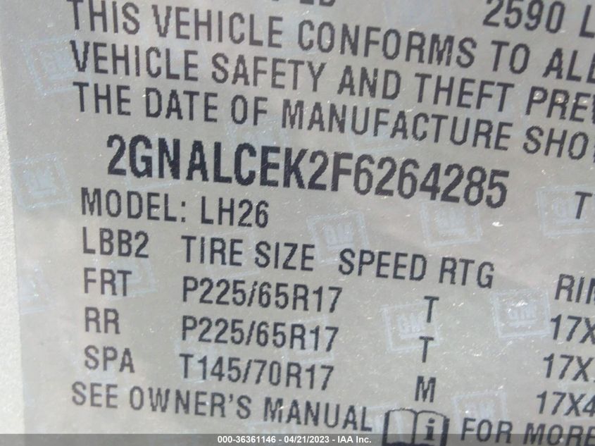 2015 CHEVROLET EQUINOX LT - 2GNALCEK2F6264285