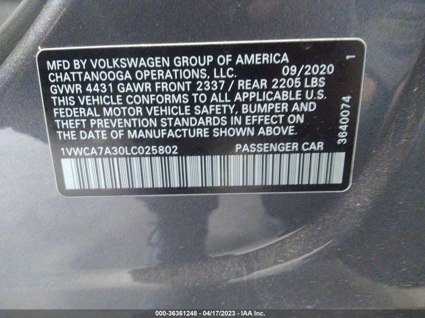 VIN 1VWCA7A30LC025802 2020 VOLKSWAGEN PASSAT 2.0T SEL