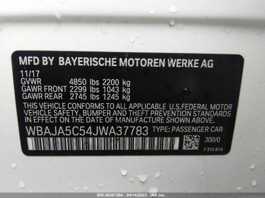 2018 BMW 5 SERIES 530I - WBAJA5C54JWA37783