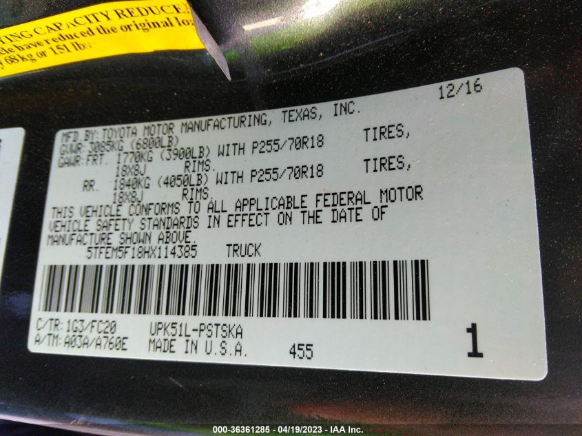 2017 TOYOTA TUNDRA 2WD SR5 5TFEM5F18HX114385