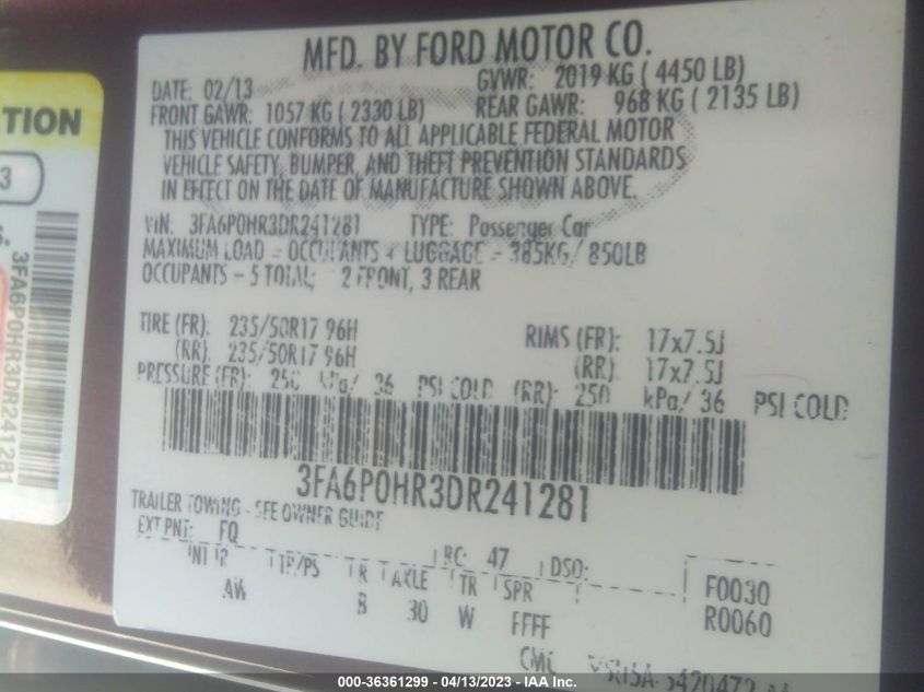 2013 FORD FUSION SE - 3FA6P0HR3DR241281