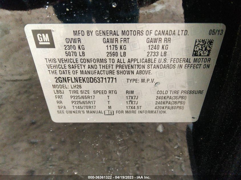 2013 CHEVROLET EQUINOX LT - 2GNFLNEK0D6371771