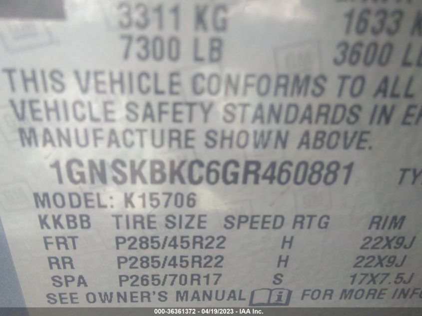 2016 CHEVROLET TAHOE LT - 1GNSKBKC6GR460881