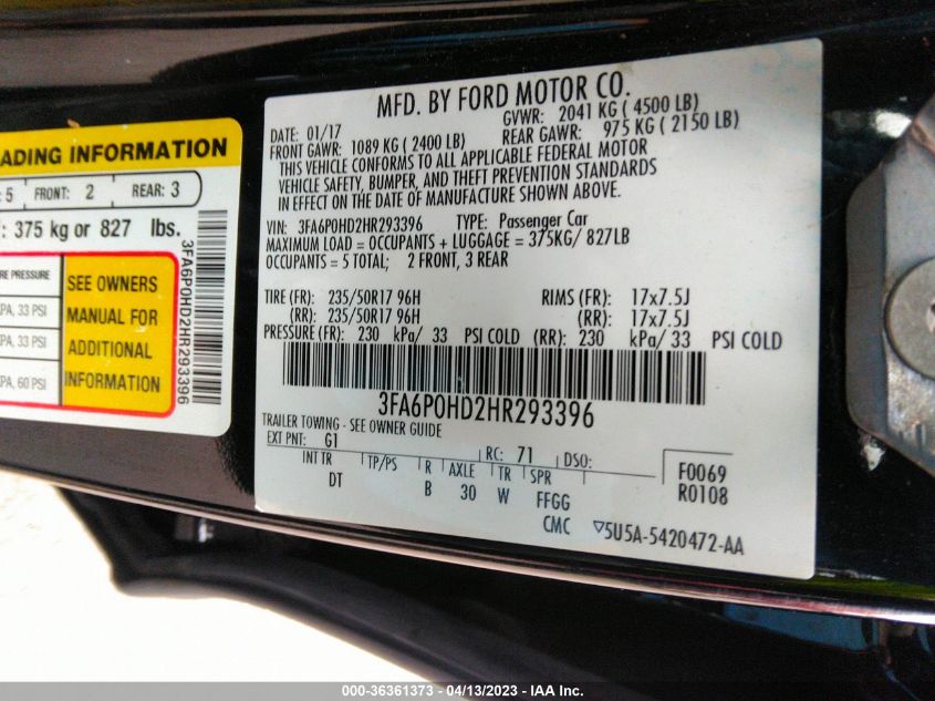 2017 FORD FUSION SE - 3FA6P0HD2HR293396