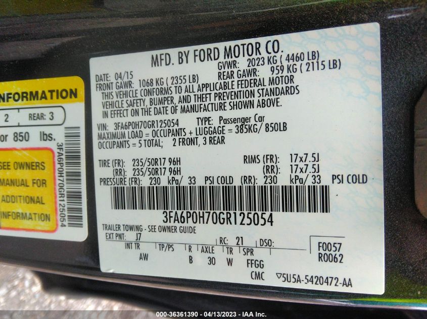 2016 FORD FUSION SE - 3FA6P0H70GR125054