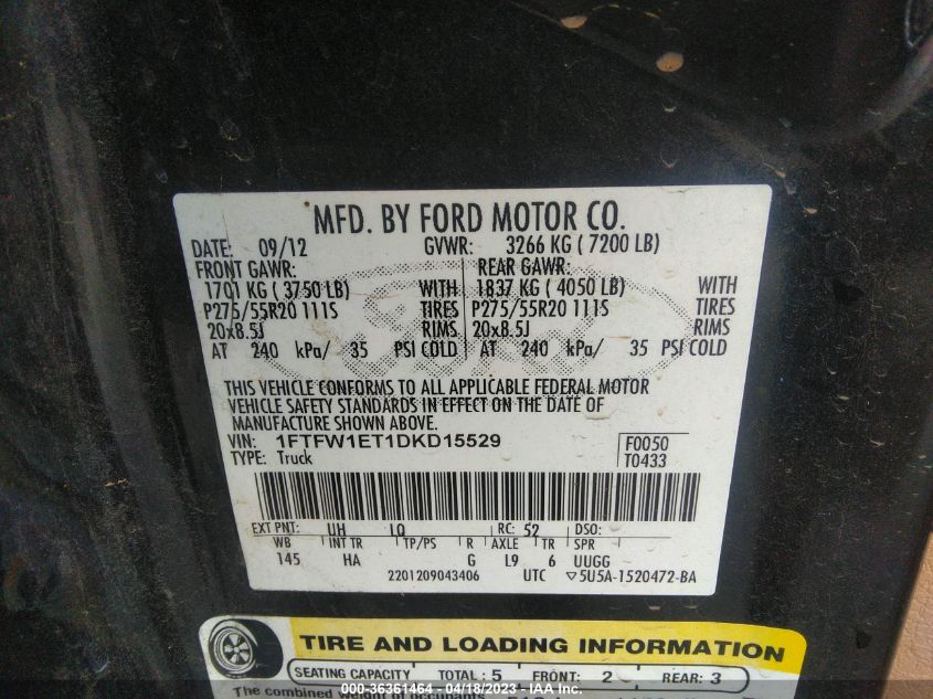 2013 FORD F-150 XL/XLT/FX4/LARIAT - 1FTFW1ET1DKD15529