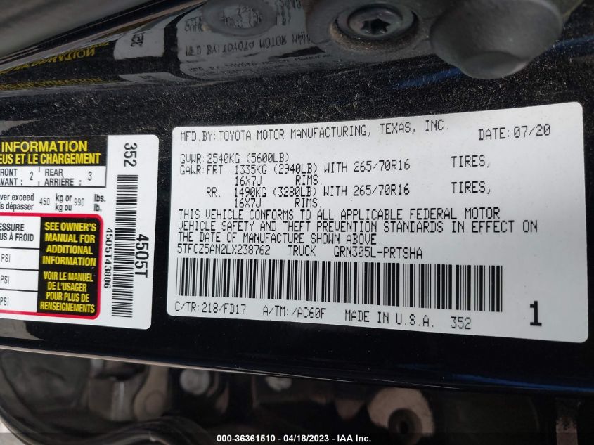 2020 TOYOTA TACOMA 4WD SR5/TRD SPORT - 5TFCZ5AN2LX238762