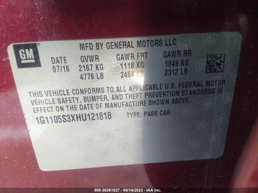 2017 CHEVROLET IMPALA LT - 1G1105S3XHU121818