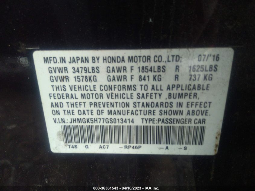 2016 HONDA FIT EX - JHMGK5H77GS013414