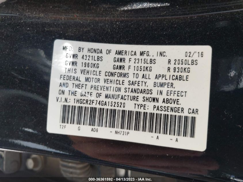 2016 HONDA ACCORD SEDAN EX - 1HGCR2F74GA152520