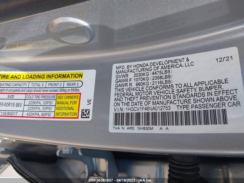 VIN 1HGCV1F46NA012753 2022 HONDA ACCORD SEDAN SPORT SE
