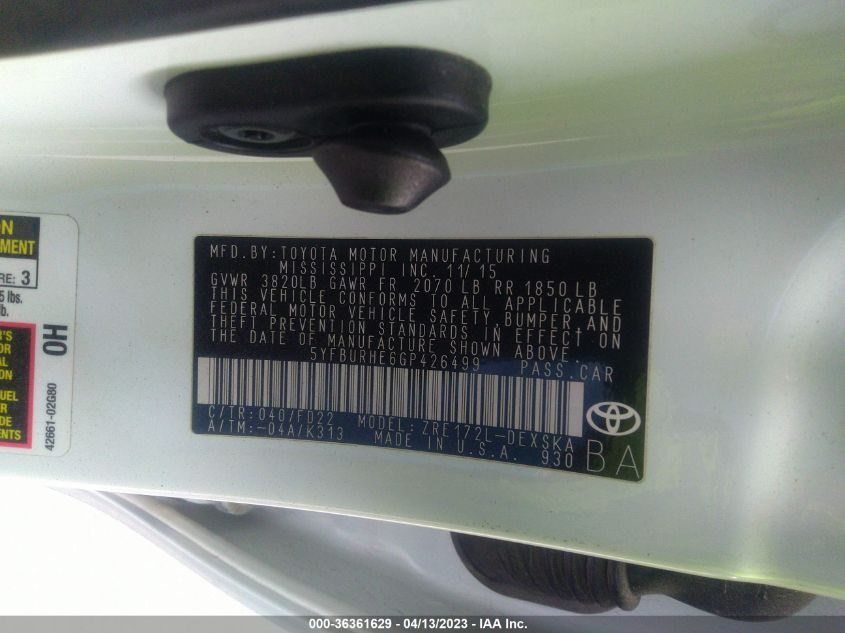 2016 TOYOTA COROLLA L/LE/S/S PLUS/LE PLUS - 5YFBURHE6GP426499