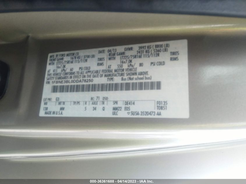2013 FORD ECONOLINE WAGON XL/XLT 1FBNE3BL0DDA78250
