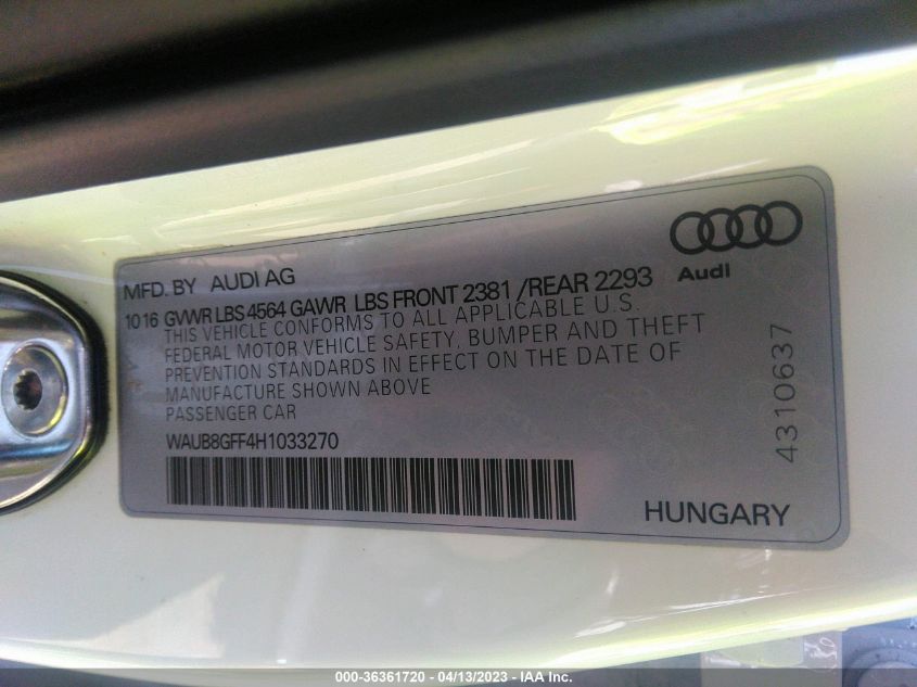 2017 AUDI A3 SEDAN PREMIUM - WAUB8GFF4H1033270