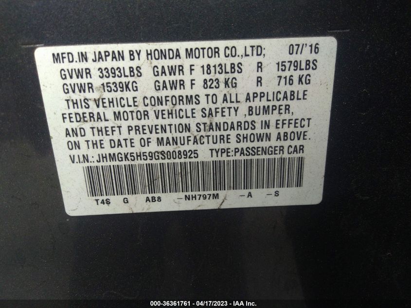 2016 HONDA FIT LX - JHMGK5H59GS008925