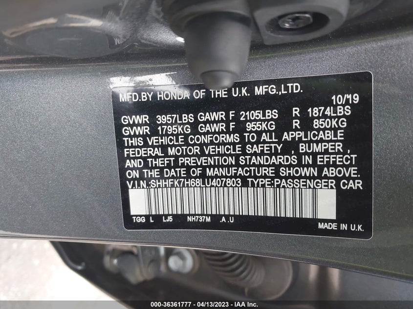 VIN SHHFK7H68LU407803 2020 HONDA CIVIC HATCHBACK EX