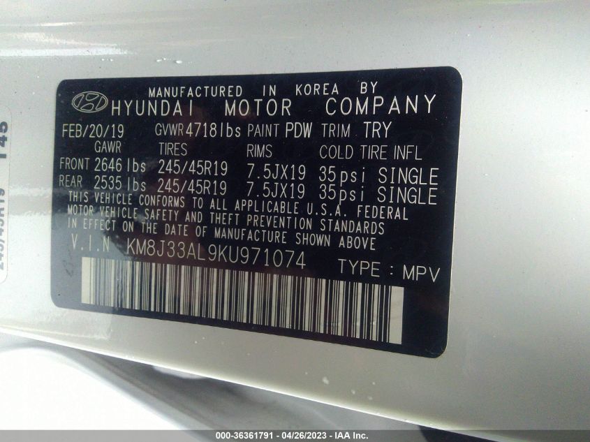 2019 HYUNDAI TUCSON NIGHT - KM8J33AL9KU971074