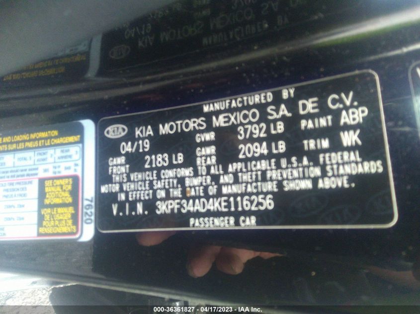 2019 KIA FORTE S - 3KPF34AD4KE116256