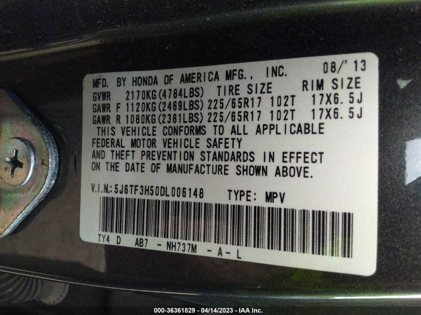 2013 HONDA CROSSTOUR EX-L 5J6TF3H50DL006148