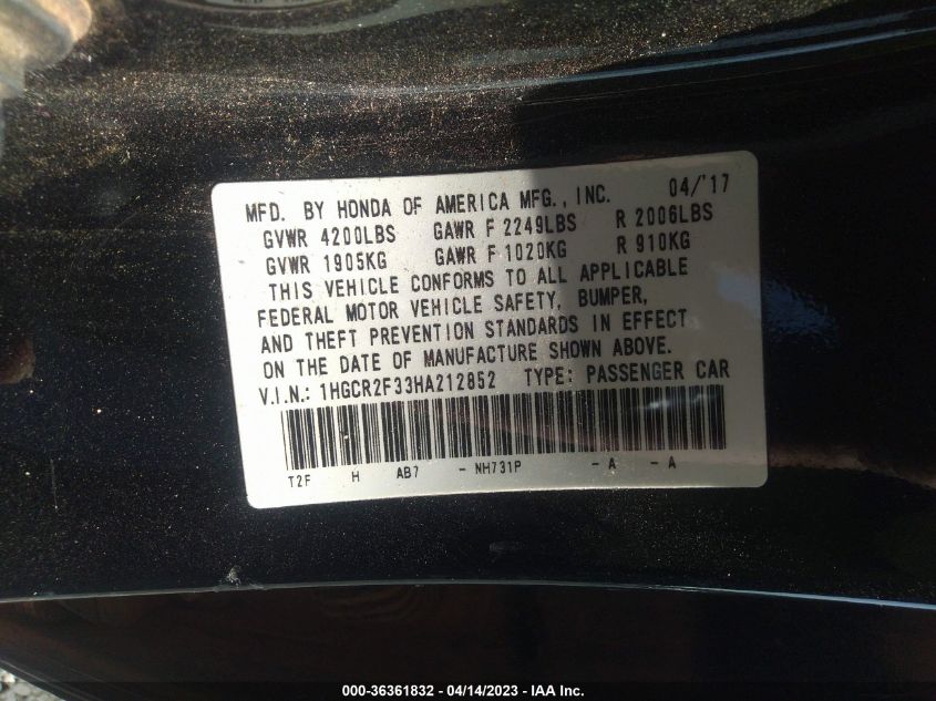 2017 HONDA ACCORD SEDAN LX - 1HGCR2F33HA212852