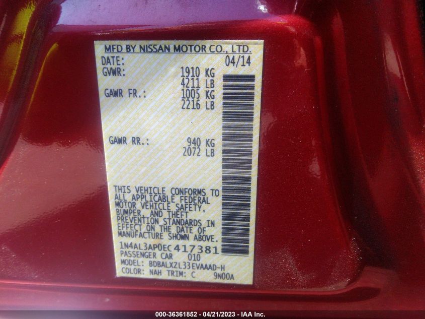 2014 NISSAN ALTIMA 2.5 SL - 1N4AL3AP0EC417381