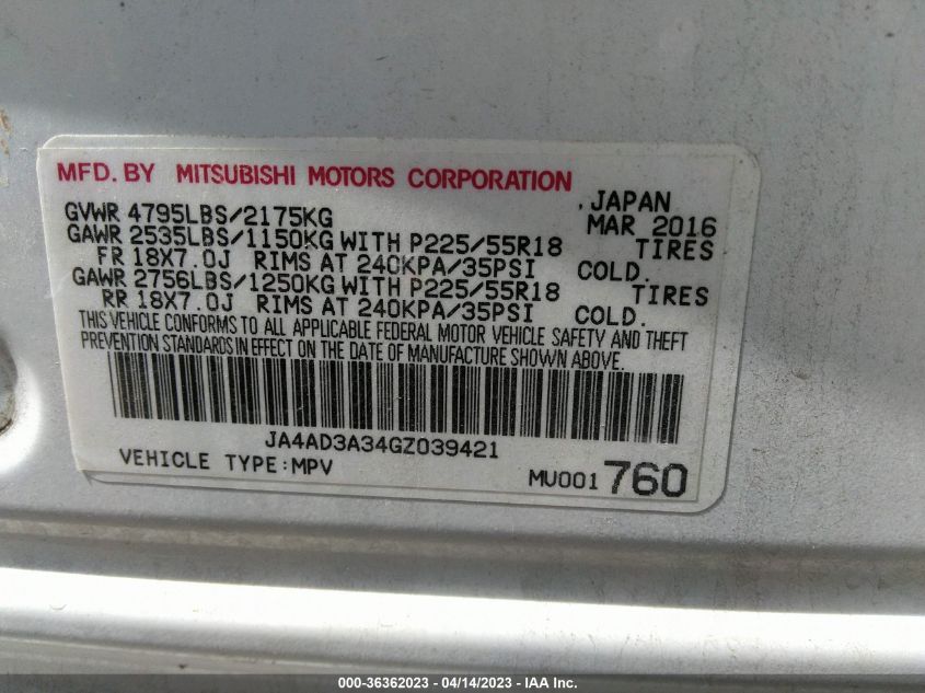 2016 MITSUBISHI OUTLANDER SE/SEL - JA4AD3A34GZ039421