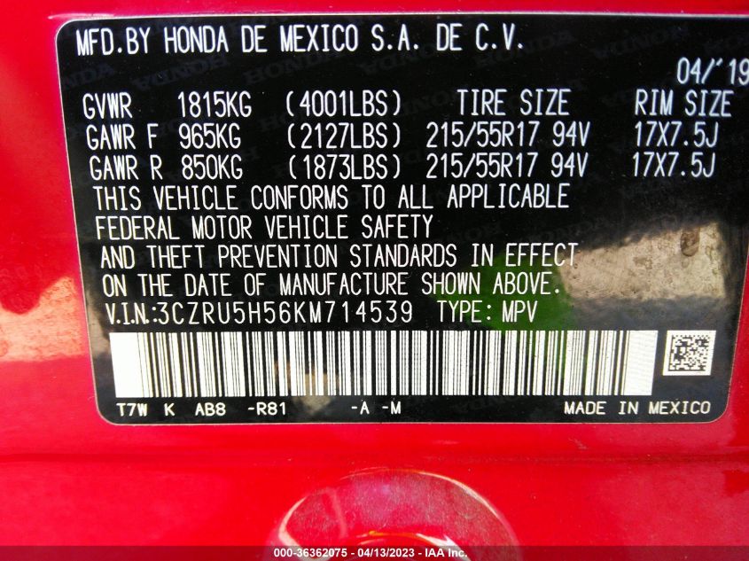 2019 HONDA HR-V EX - 3CZRU5H56KM714539