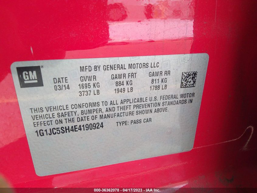 2014 CHEVROLET SONIC LT - 1G1JC5SH4E4190924