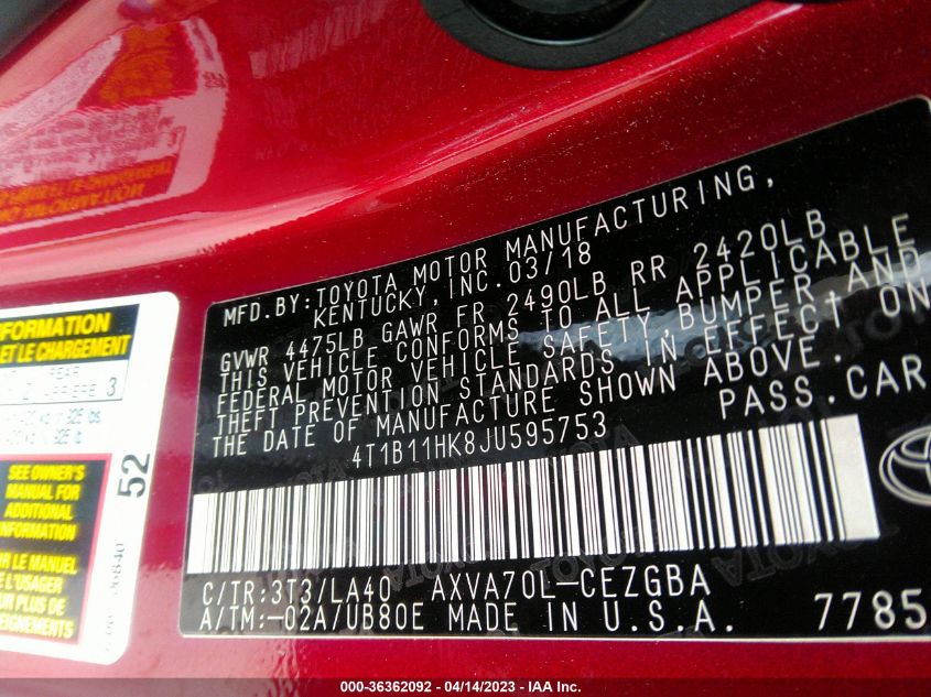 2018 TOYOTA CAMRY LE/SE/XLE/L - 4T1B11HK8JU595753