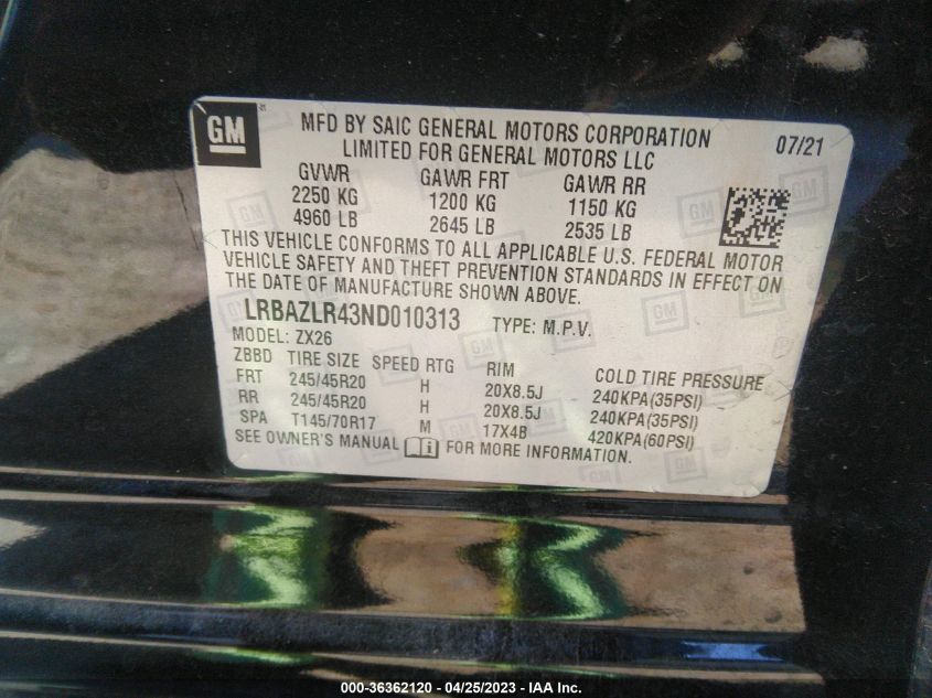 2022 BUICK ENVISION PREFERRED - LRBAZLR43ND010313