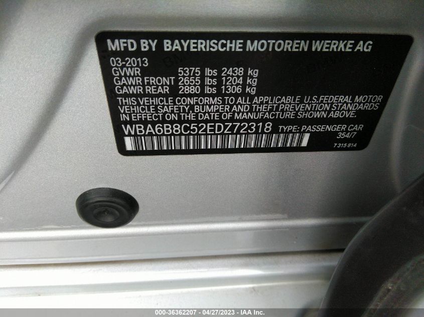 2014 BMW 6 SERIES 640I XDRIVE - WBA6B8C52EDZ72318