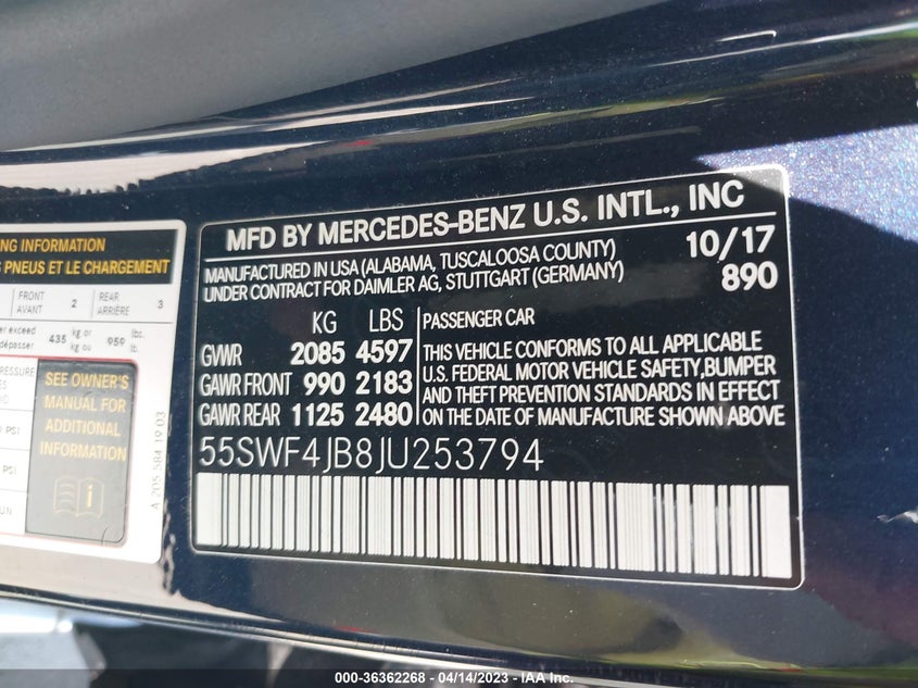VIN 55SWF4JB8JU253794 2018 MERCEDES-BENZ C-CLASS C 300