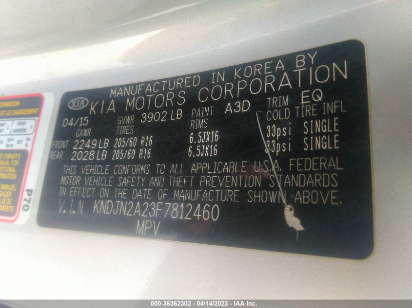 2015 KIA SOUL BASE - KNDJN2A23F7812460