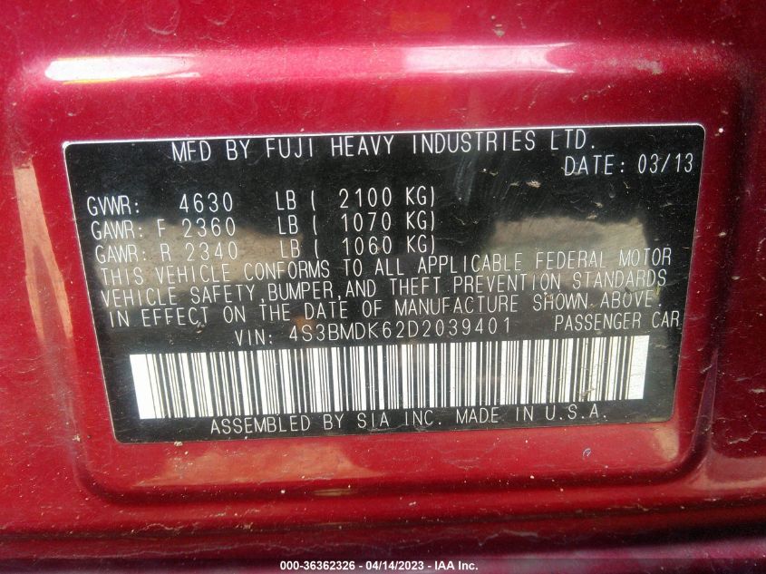 2013 SUBARU LEGACY 3.6R LIMITED - 4S3BMDK62D2039401