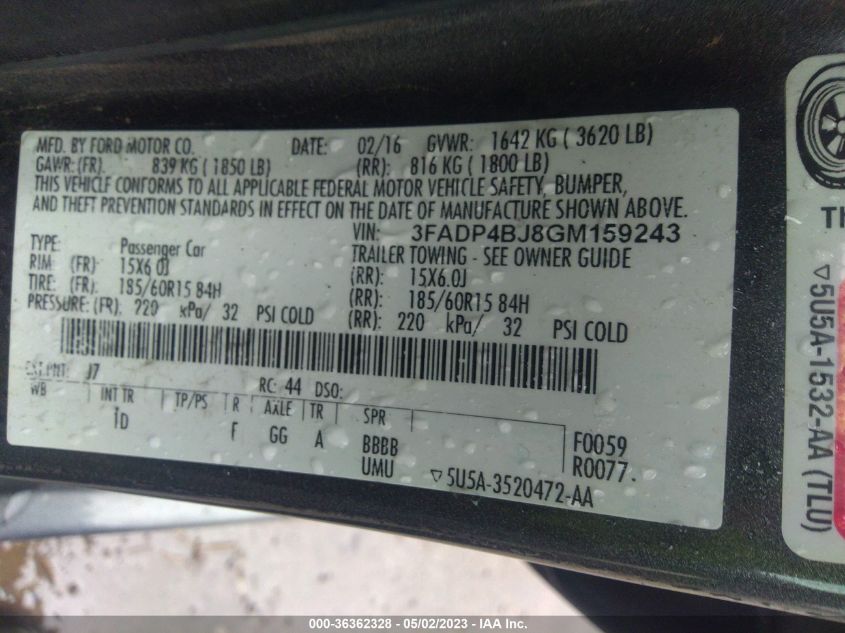 2016 FORD FIESTA SE - 3FADP4BJ8GM159243