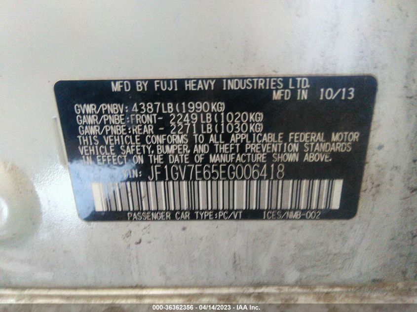 2014 SUBARU IMPREZA SEDAN WRX WRX JF1GV7E65EG006418