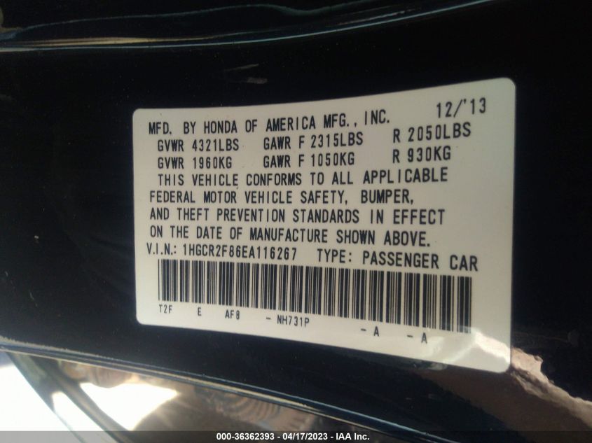 2014 HONDA ACCORD SEDAN EX-L - 1HGCR2F86EA116267