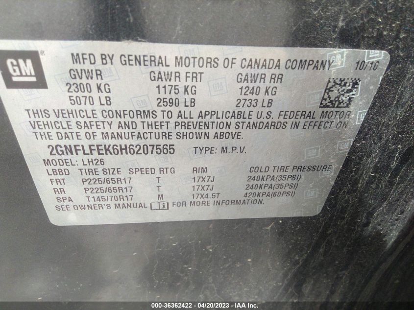 2017 CHEVROLET EQUINOX LT - 2GNFLFEK6H6207565