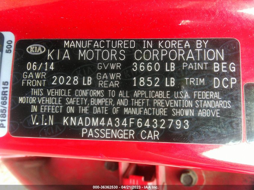 2015 KIA RIO LX - KNADM4A34F6432793