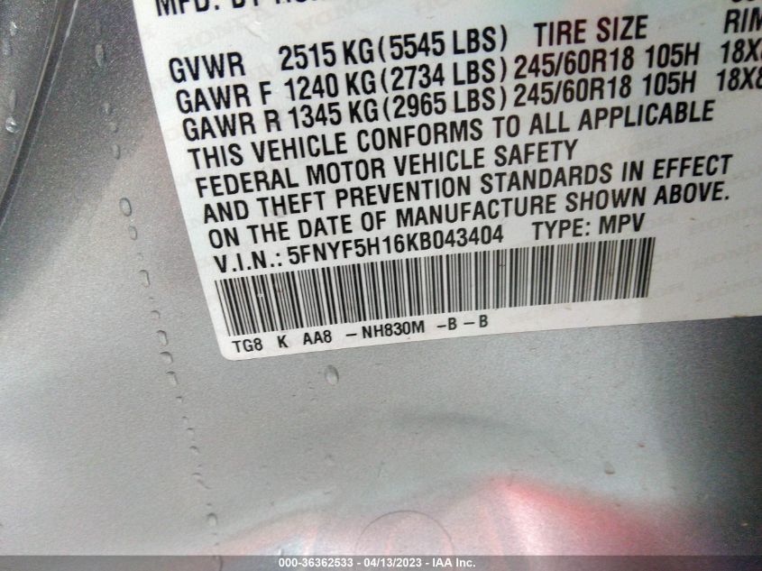 2019 HONDA PILOT LX - 5FNYF5H16KB043404
