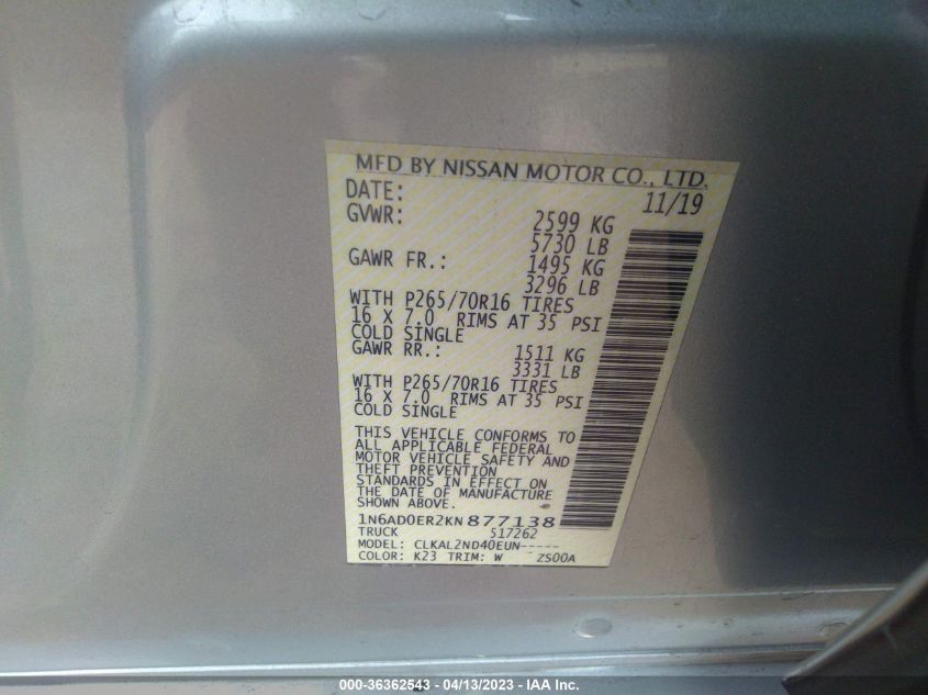 2019 NISSAN FRONTIER SV - 1N6AD0ER2KN877138
