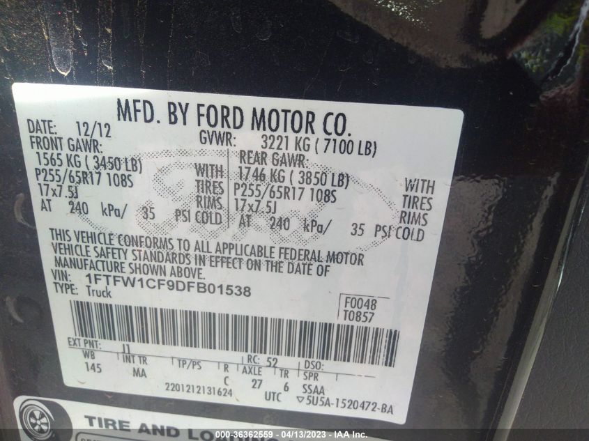 2013 FORD F-150 XL/XLT/FX2/LARIAT - 1FTFW1CF9DFB01538