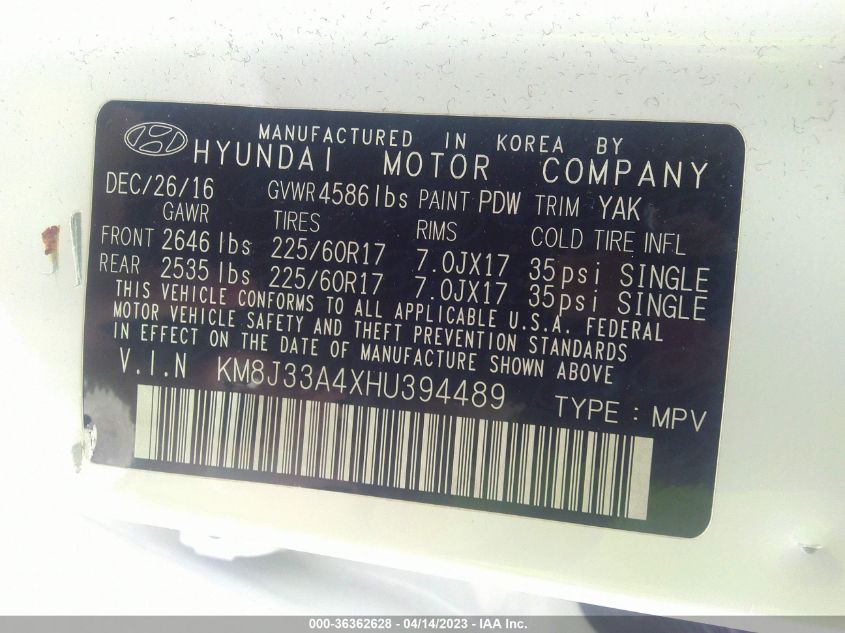 2017 HYUNDAI TUCSON SE - KM8J33A4XHU394489